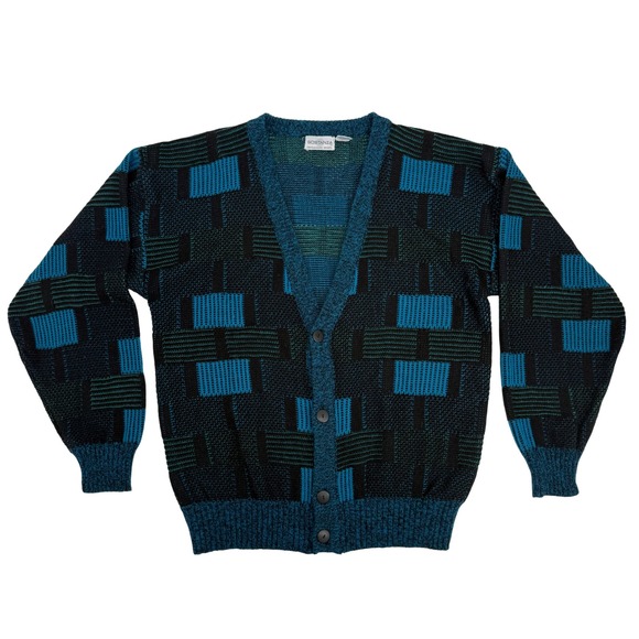 Vintage‎ Sostanza Geometric Oversized Cardigan Sweater Blue Black Large - Picture 2 of 6